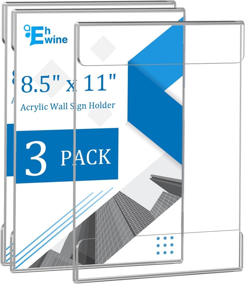 EHWINE 3 Pack 8.5 x 11 Wall Mount Acrylic Sign Holder, Wall Signs Photo Menu Flyer Display Holders, Plastic Clear Acrylic Wall Frames for Office Home Hotel Business Store (with Adhesive Tape) - Image 1
